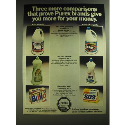 1974 Purex Bleach, Sweetheart Dishwashing Liquid and Brillo Steel Wool Ad