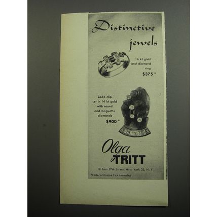 1952 Olga Tritt Ring and Jade Clip Ad - Distinctive jewels