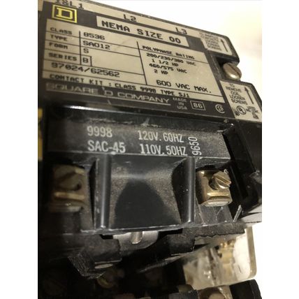 SQUARE D NEMA 00 MAGNETIC MOTOR STARTER CLASS 8536 SA012,8536 SAO12 3PH 120V,BQ