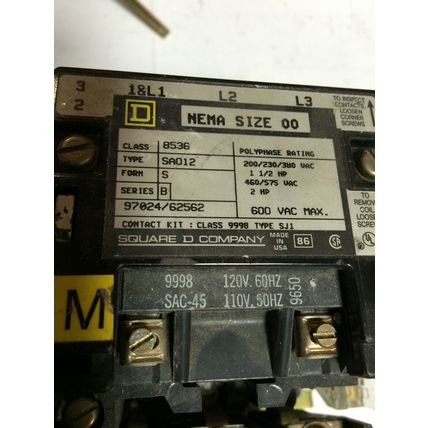SQUARE D NEMA 00 MAGNETIC MOTOR STARTER CLASS 8536 SA012,8536 SAO12 3PH 120V,BQ