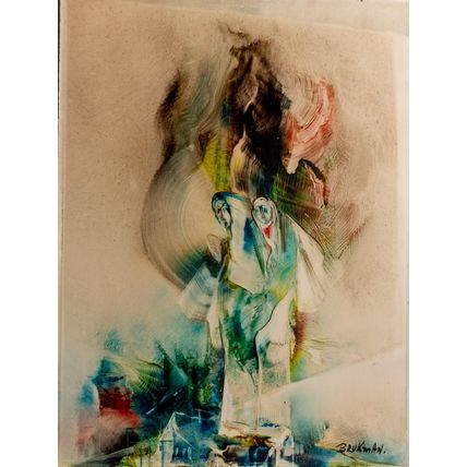 Evgeni Zalman Brukman Surrealistic Oil Painting Figures Fleeing Town, 40 x 30 cm