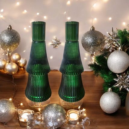 Christmas Tree Tapered Candle Holders - Set of 2 - Forest Green Glass