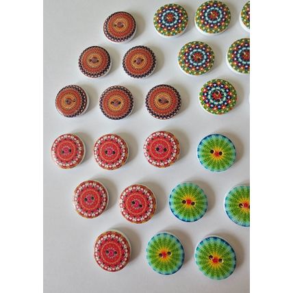 48 Kaleidoscope Patterned Round Wooden Buttons Size 20mm 8 Designs