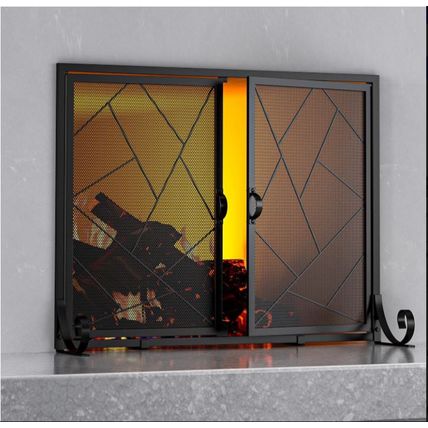 Fire Beauty Fireplace Screen w/ Hinged Doors, Metal Mesh Decorative Spark Guard
