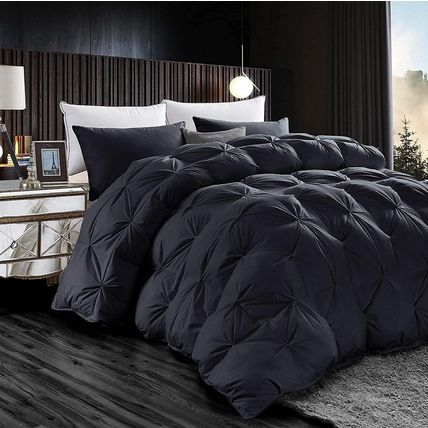 Luxurious Goose down Feather Fiber Comforter, Exquisite Pinch Pleat Design, Blac