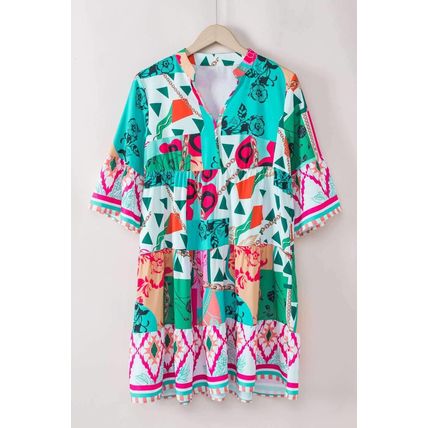 Multicolour Abstract Printed Half Sleeve Notched Neck Mini Dress