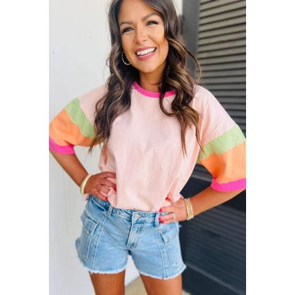 Pink Color Block Stitching Sleeve Round Neck Oversize Top