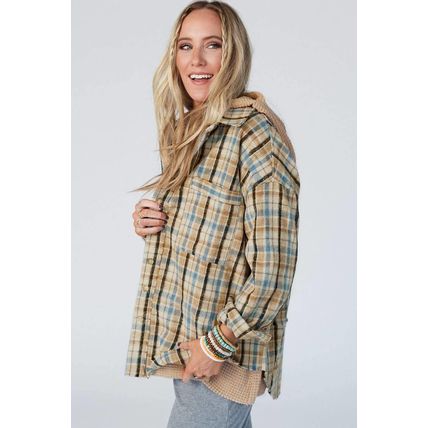 Ashleigh Blue Waffle Knit Patchwork Hooded Plaid Shacket