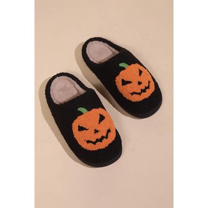 Black Halloween Pumpkin Print Plush Slippers
