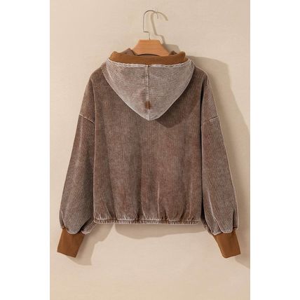 Chestnut Half Zipper Kangaroo Pocket Drawstring Corduroy Hoodie