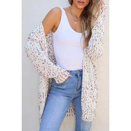 White Confetti Rib Knit Long Sleeve Cardigan