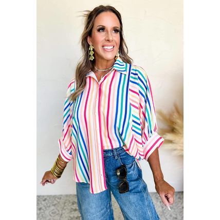 Pink Stripe 3/4 Sleeve Button Up Casual Shirt