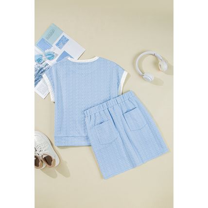 Beau Blue Contrast Trim Textured Crewneck Tee and Pocketed Skirt Set