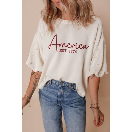 White America EST 1776 Embroidered Pearl Beaded Sleeve T Shirt
