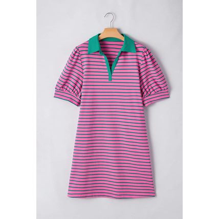 Rose Stripe Collared V Neck Puff Sleeve Shift T Shirt Dress with Pockets