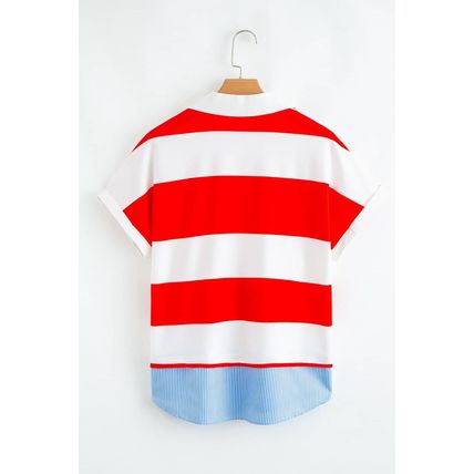 Red Stripe Collar V Neck Cuffed Dolman Short Sleeve Top
