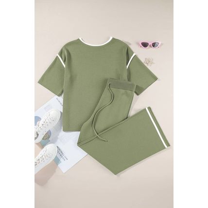 Guacamole Green Contrast Trim Half Sleeve Top Drawstring Pants Loose 2pcs Sweate