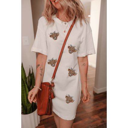 White Cute Heifer Patched Crewneck Shift T Shirt Dress
