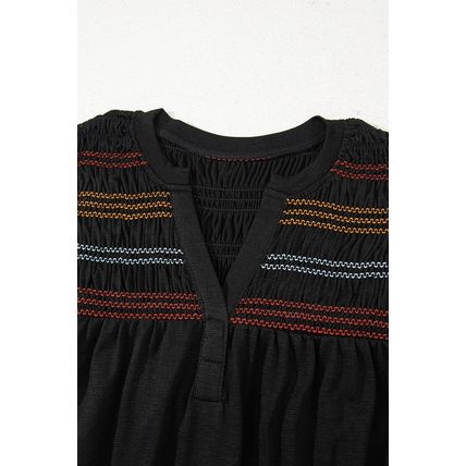 Black Colorful Shirred Yoke Notched V Neck Tank Top