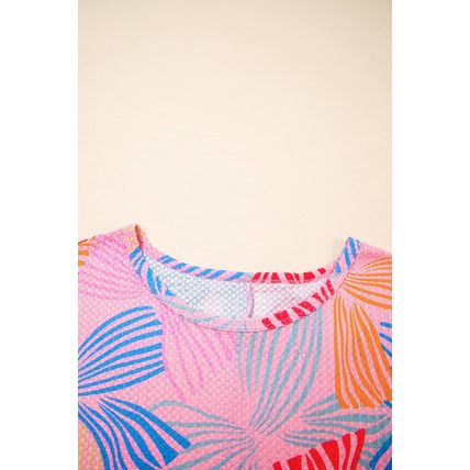Pink Bowknot Printed Waffle Crewneck Loose Short Sleeve Top