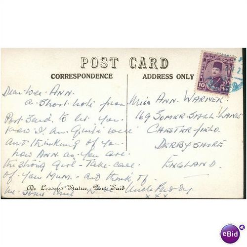 Egypt Postcard - De Lessey's Statue Port Said