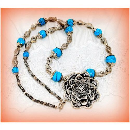 Large Flower Tibetan Hill Tribe Turquoise Pendants Necklace Jewellery 1090