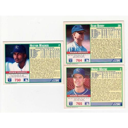 Three 1991 Score Royals rookie cards, Barry #764 , Mayne #765, Wagner #730