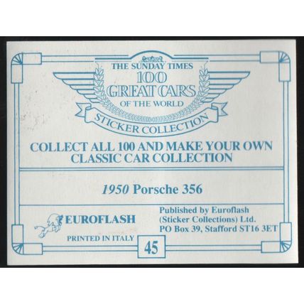 100 Great Cars of the World 1989 Euroflash Sticker #45 1950 Porsche 356