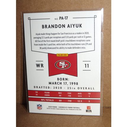 2020 Panini Chronicles BRANDON AIYUK (SF 49ers) Panini Rookie Card #PA-17