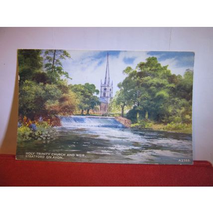 WEIR & CHURCH, STRATFORD UPON AVON by E W Trick WARWICKSHIRE used postcard =