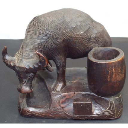RARE Vintage Hand Carved Dark Rosewood Wooden Water Buffalo Ox Bull Statue HEAVY