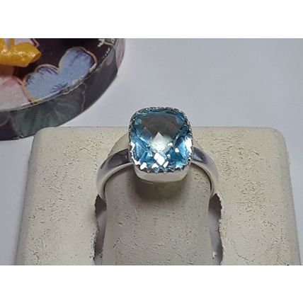 4.0ct 11X9mm Emerald Cut Blue Topaz Sterling Silver crown top Bezel Ring #20046