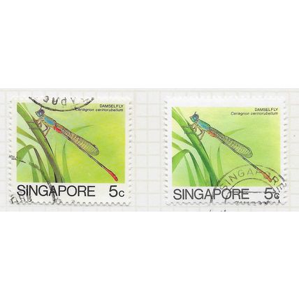 SINGAPORE 1985 INSECTS DAMSEL FLY 5c BOTH PRINTINGS USED