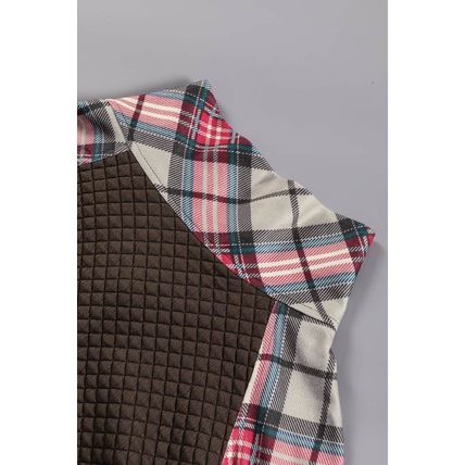 Khaki Printed Plaid Sleeve Patchwork Collared Textured Sweatshirt