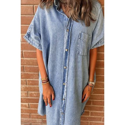 Light Blue Loose Medium Wash Short Sleeve Shirt Chambray Dress