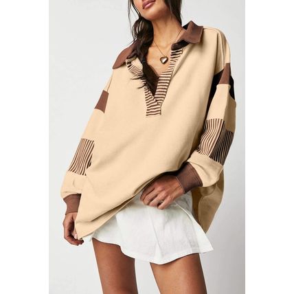 Light French Beige Striped Colorblock Patchwork Collar Sweatshirt