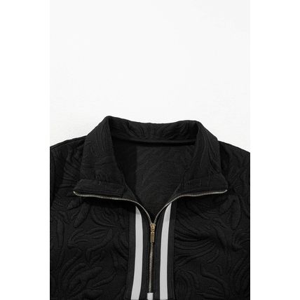 Black Jacquard Textured Quarter Zipper Shift Mini Dress