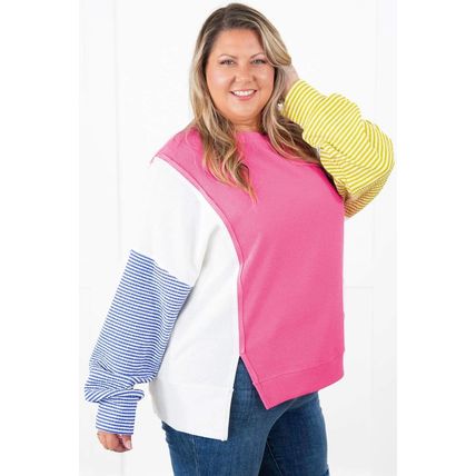 Rose Red Colorblock Patchwork Striped Puff Sleeve Plus Size Top with Slits