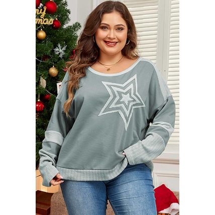 Mist Green Stars Patchwork Round Neck Plus Size T Shirt