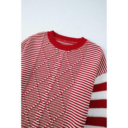 Red Stripe Geometric Textured Drop Shoulder Sweater