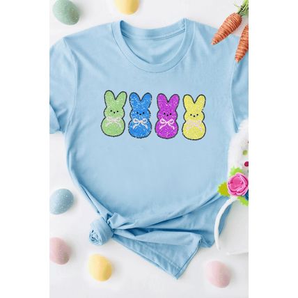 Light Blue Sequin Bunny Doll Graphic Casual T Shirt