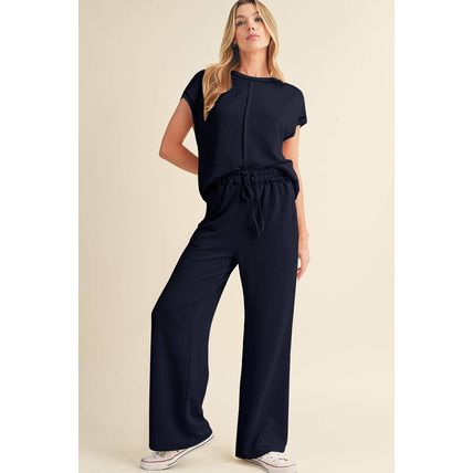 Navy Blue Solid Color Corded Short Sleeve Top and Casual Pants Set
