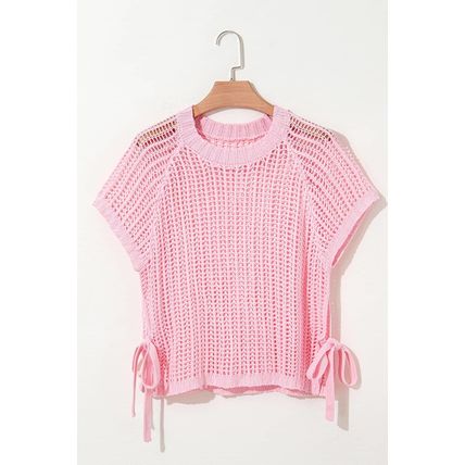 Pink Hollow-out Crochet Side Tied Short Sleeve Sweater