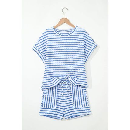 Sky Blue Stripe Knitted Short Sleeve Top and Drawstring Shorts Set