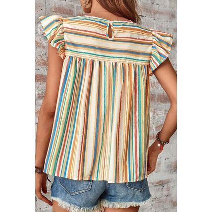 Multicolour Vibrant Stripes Printed Flutter Sleeve Babydoll Blouse