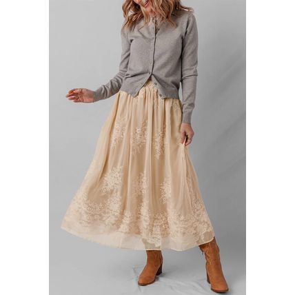 Oatmeal Embroidered Mesh Overlay Flowy Long Skirt