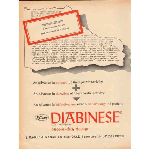 pfizer laboratories 1959 diabinese diabetes oral medical vintage ad