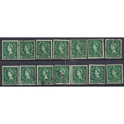GB 1952 - 54 QE2 1 1/2d x 14 Green used stamps ( H1453 )