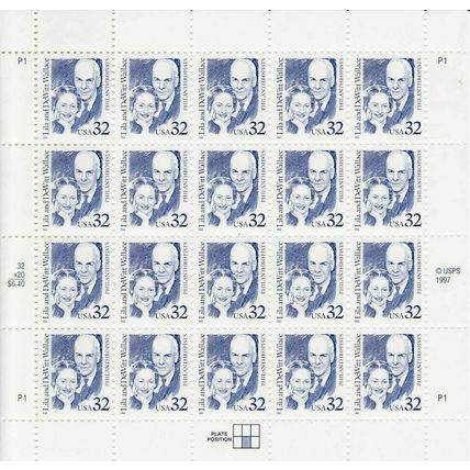 Lila & Dewitt Wallace Sheet of Twenty 32 Cent Postage Stamps Scott 2936