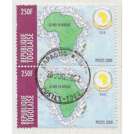 TOGO 2000 AFRICAN UNION ORGANISATION PEACE MAP AFRICA DOVES 250F OUA EMBLEM PAIR